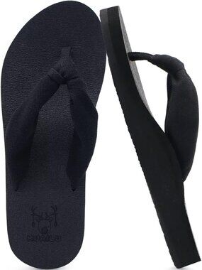 Women Black Yoga Mat Arch Support Flip Flops Fabric Straps Knotted Thong Sandal